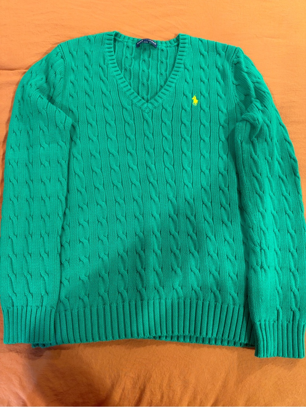 Ralph Lauren Emerald Green Cable-Knit V-Neck Sweater with Yellow Polo Logo